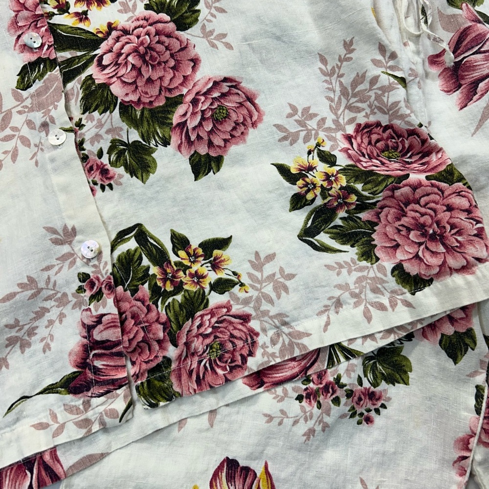 100% Linen Floral Women Pajamas Set - Pink and Cream.XL - Picture 4 of 11